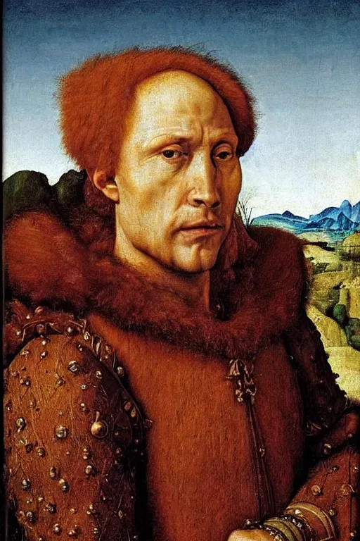 Prompt: renaissance 1 6 0 0 portrait of dwyane the rock, oil painting by jan van eyck, northern renaissance art, oil on canvas, wet - on - wet technique, realistic, expressive emotions, intricate textures, illusionistic detail