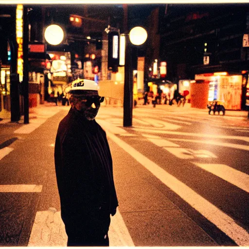 Image similar to old black man in tokyo at night, wearing ski goggles, cinestill 8 0 0,