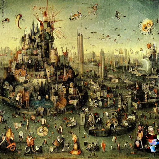 Prompt: a city in chaos painting by heirnonymus Bosch