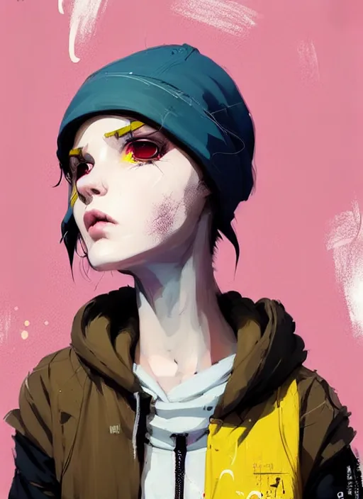 Prompt: highly detailed portrait of a sewer punk lady student, blue eyes, tartan hoodie, white hair by atey ghailan, by greg rutkowski, by greg tocchini, by james gilleard, by joe fenton, by kaethe butcher, gradient yellow, black, brown and pink color scheme, grunge aesthetic!!! ( ( graffiti tag wall background ) )