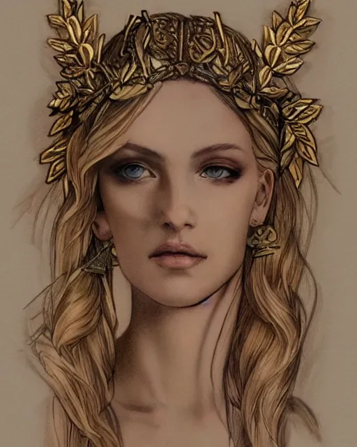 Image similar to tattoo design sketch of cute beautiful blonde super model as aphrodite greek goddess wearing a gold laurel wreath and triangle earrings, beautiful piercing gaze with sharp pupils, in the style of greg rutkowski, fantasy, amazing detail, epic, elegant, smooth, sharp focus, front view