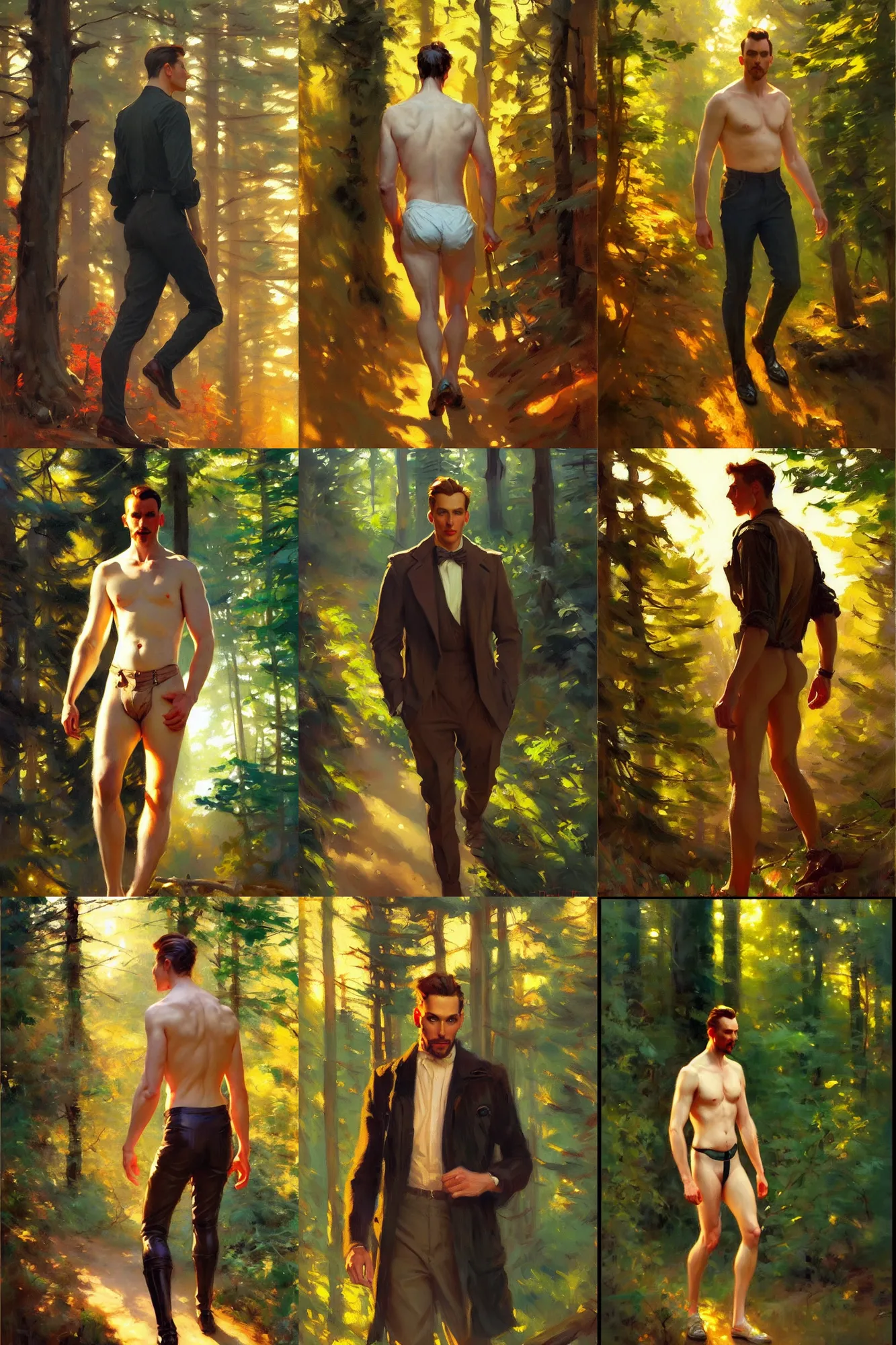 Prompt: attractive man walking in the forest, sunset, painting by daniel f. gerhartz, j. c. leyendecker, tom of finland, trending on artstation