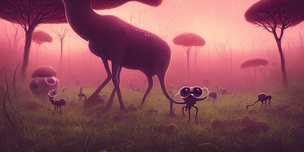 Prompt: of an intricate hazy savanna with strange weird cute creatures with long tongues, big eyes and huge noses appearing from the ground, in the style of manga, low angle, macro lens, shallow depth of field, highly detailed, digital painting, trending artstation, concept art, illustration, cinematic lighting, vibrant colors, photorealism, epic, octane render