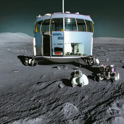 Image similar to realistic sci - fi high detailed photo of flixbus bus on the moon