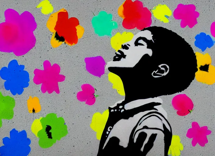 Image similar to a side profile of a black and white single boy holding colourful flowers in the style of Banksy on a white concrete background, graffiti, digital art