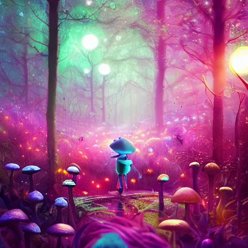 Prompt: night magic fairy forest, multiverse of berries and mushrooms, ilustration art by Goro Fujita, 35mm lens, beautiful macro close-up imagery, vibrantly lush neon lighting, beautiful volumetric-lighting-style atmosphere, a futuristic atmosphere, intricate, detailed, photorealistic imagery, trending on artstation, 4k, 8k