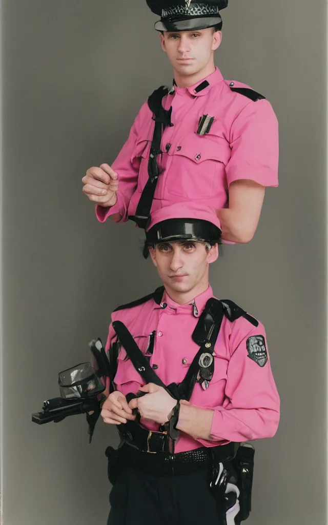 Prompt: a young male Austrian police man in a pink uniform smoking weed, hyperrealistic portrait, 50mm, 1.4, kodak portra, studio