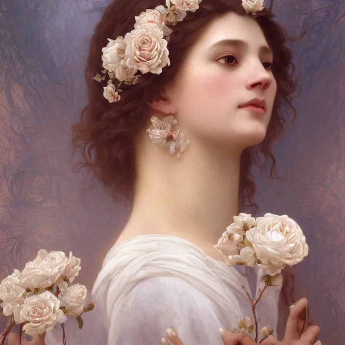 Prompt: reinassance portrait of goddess with thin white semi trasparent cotton roses intricate, elegant, highly detailed, wonderful eyes, sweet, digital painting, artstation, concept art, smooth, sharp focus, octane render, illustration, art by artgerm and greg rutkowski and alphonse mucha and william - adolphe bouguereau