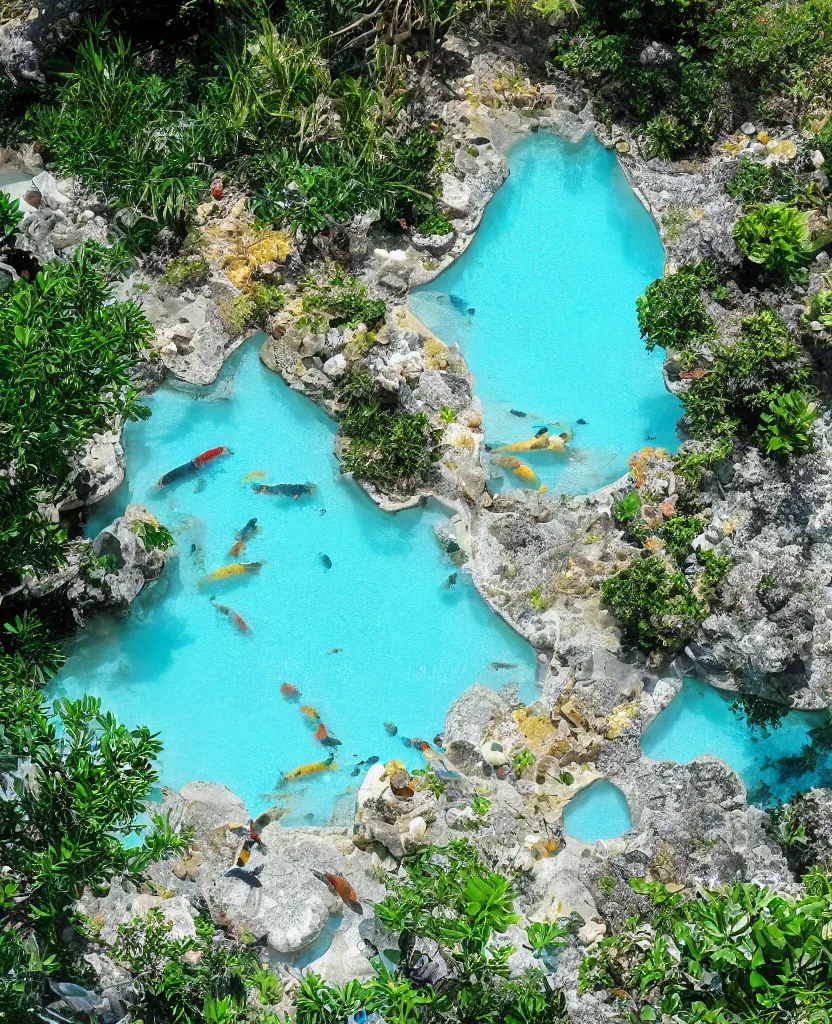 Image similar to endless travertine pools filled with koi fish and sea turtles, birds eye view, bright blue glowing water, magical