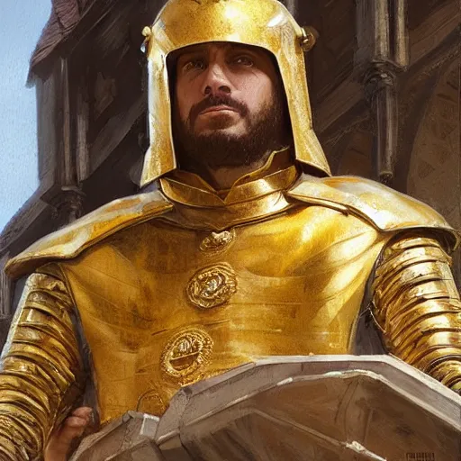 Prompt: Portrait of a young king wearing gold armor making a speech from a balcony, fantasy, medieval, highly detailed, Artstation, painting by greg rutkowski
