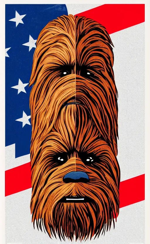 Image similar to chewbacca presidential election poster showing close up of chewbacca face red and blue duotone by sheperd fairey no text