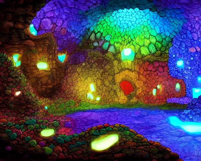 Image similar to very high quality digital art of a fantasy stone cavern lit by colorful glowing crystals