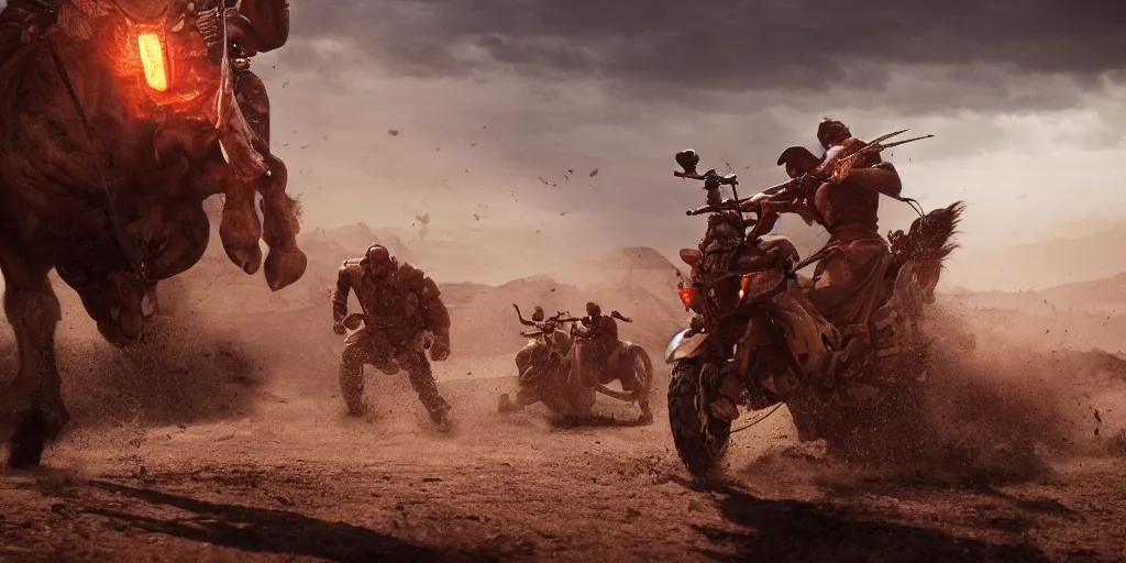 Image similar to indian on ancient atv attacking bufallos, action scene, an epic western, dramatic lighting, cinematic, establishing shot, extremely high detail, photorealistic, cinematic lighting, artstation, octane render, old photo, buffalo hunt movie, alpha movie, western