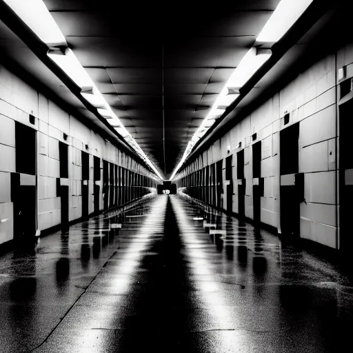 Image similar to Black military quadcopters, in the wide hallways in a futuristic prison underground, brutalist liminal architecture, sigma 85mm f/1.4, 4k, depth of field, high resolution, 4k, 8k, hd, full color