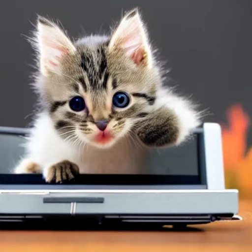 Image similar to an cute kitten is sticking its head out of a monitor of a laptop