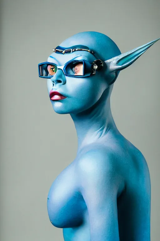 Image similar to beautiful studio portrait of 4 eyed blue alien woman, wearing an outfit made from plutonium, silicone skin, symmetrical face, piercings resembling plasma jets, the 5 th element, cinematrographic, elegant, soft shapes, sharp details, 3 5 mm, f / 2 4