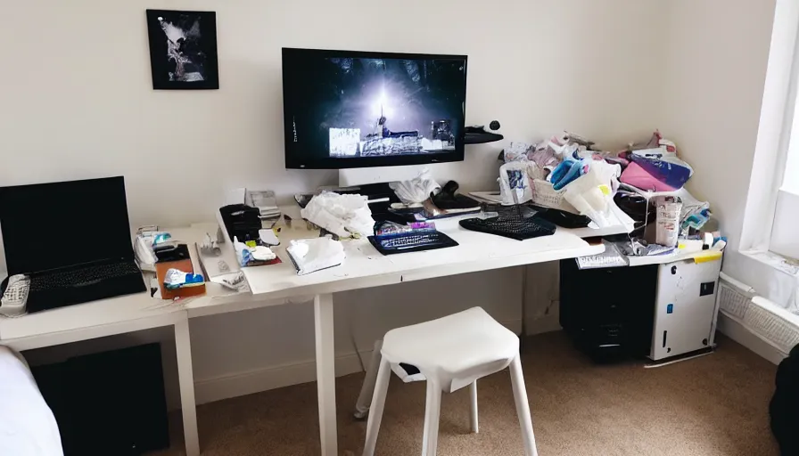 Prompt: photograph of slightly messy bedroom office, gaming computer, tissue!!! boxes!!!