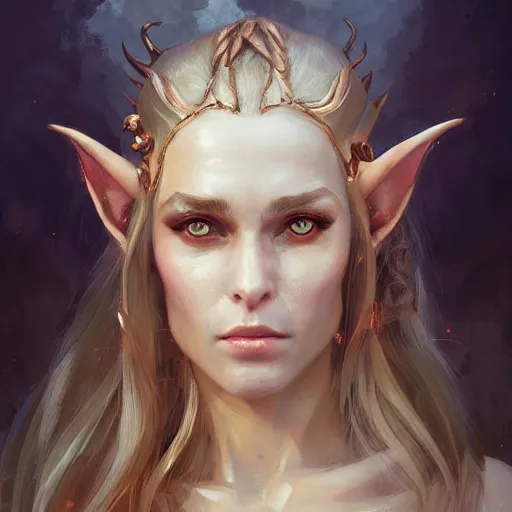 Prompt: A head-on detailed oil fantasy portrait of a pretty elf woman with subtle copper horns on her forehead, long blonde hair and bright copper irises, by greg rutkowski, trending on artstation, dungeon and dragons art