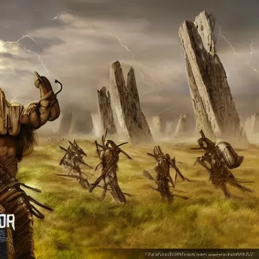 Image similar to tchno - neolithic cyber - warlord, battlefield landscape, victorious photorealistic hd,