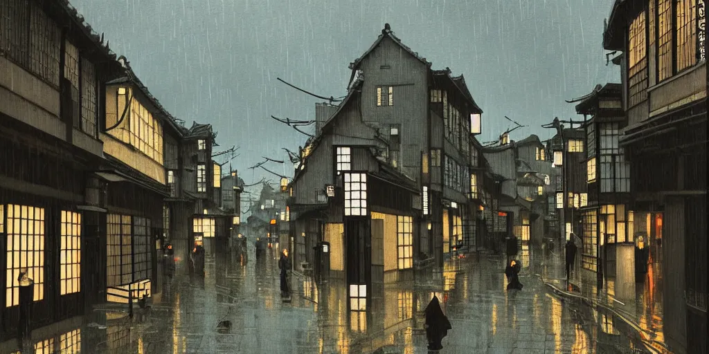 Image similar to a typical japanese city street in the rain, vermeer painting, dark academia aesthetic, matte painting