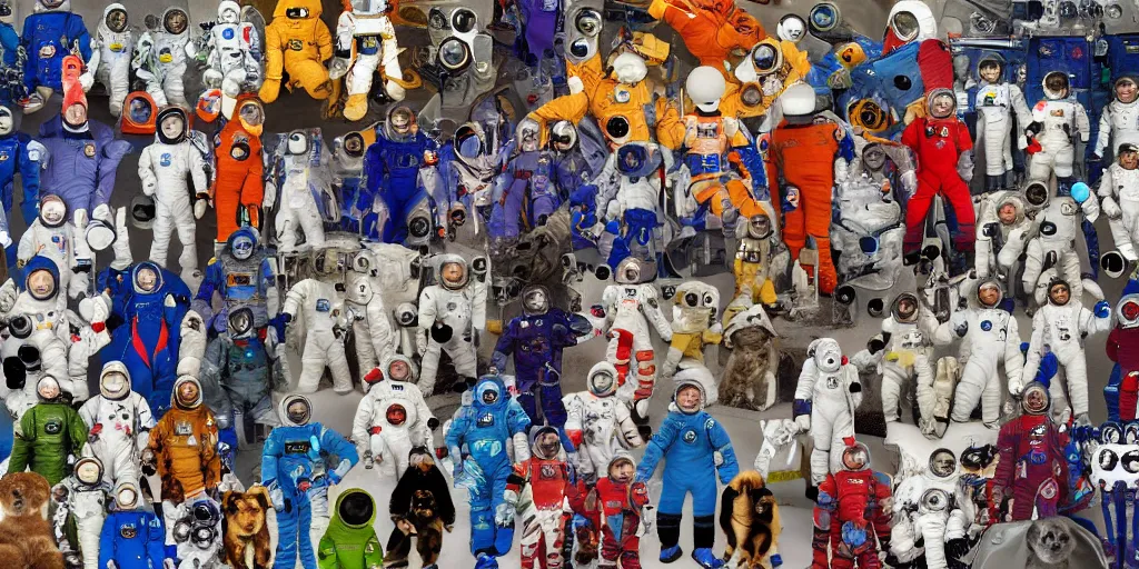 Image similar to Group photo of various animals in spacesuits before going to space. Highly detailed picture.