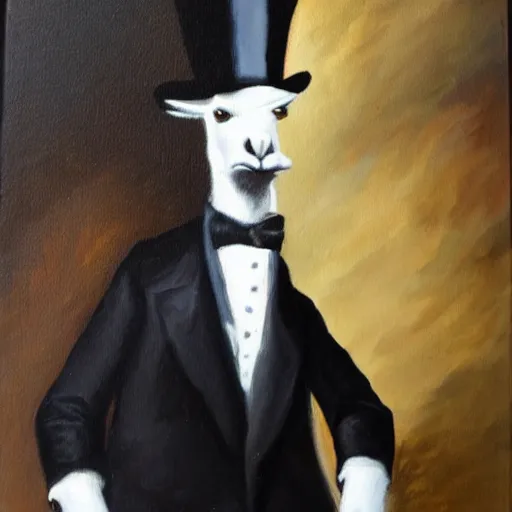Image similar to an oil painting of a llama wearing a tuxedo and top hat
