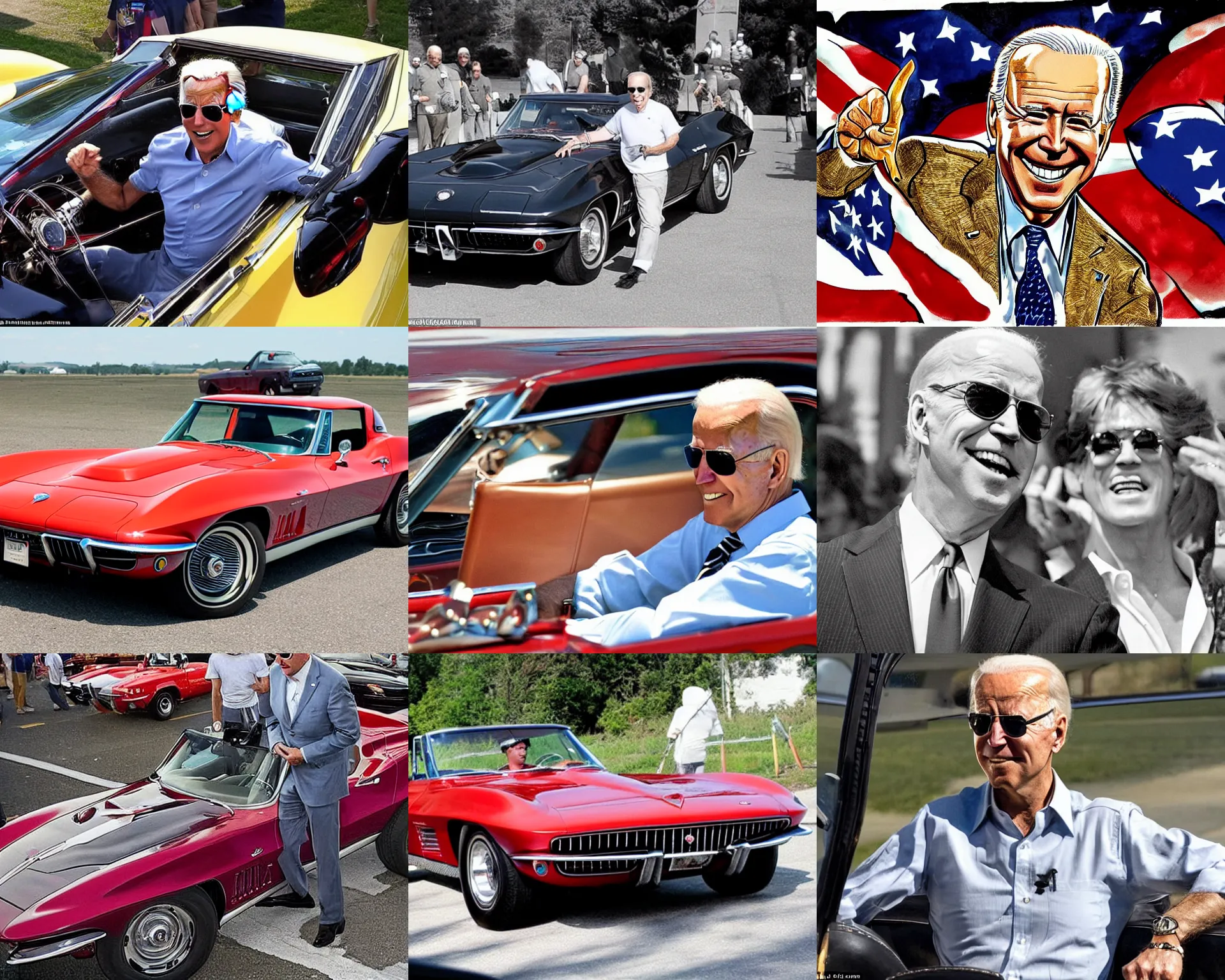 Prompt: Joe Biden, wearing aviators, kills God by running him over in a 1967 Corvette Stingray,eEvil, chaos, ornate, horror, detailed, colorful