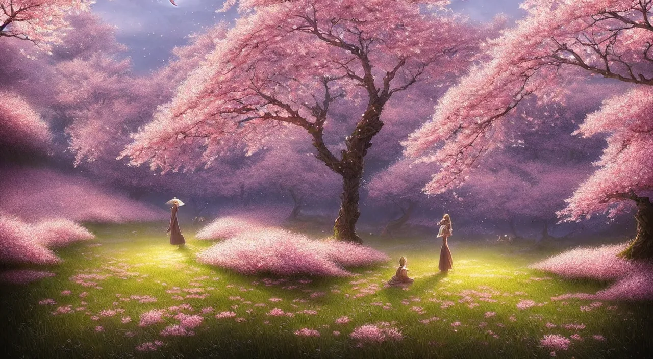 Image similar to A field of cherry blossoms on an oceanfront, fine art, awesome fantasy book cover on Pinterest, award winning, fantasy forest landscape, fantasy magic, dark golden light night, intricate, elegant, sharp focus, illustration, highly detailed, digital painting, concept art, matte, art by WLOP and Artgerm and Greg Rutkowski, masterpiece, trending on artstation