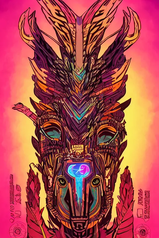 Image similar to totem animal tribal chaman vodoo mask feather gemstone plant video game illustration vivid color borderlands by josan gonzales and dan mumford radiating a glowing aura