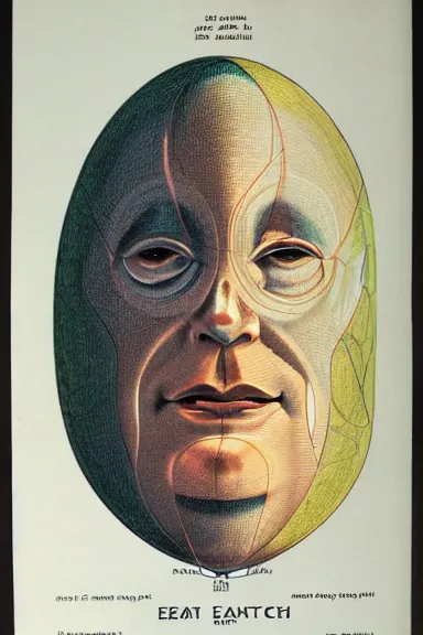 Image similar to A vintage scientific illustration from the 1970s of the Earth as a human face