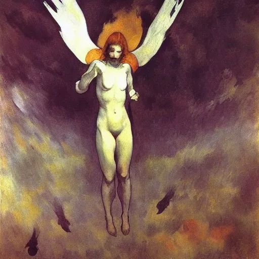 Image similar to aesthetically pleasing image of the whitewinged angel of death wearing a crimson and black robe descending on the lonesome faceless phantoms in their graves jamie wyeth paul cezanne arthur rackham edward hopper oil painting