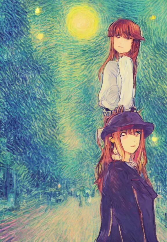 Prompt: wide angle portrait of a teenage girl, a thrifty outfit, very anime in impressionist style, city street view background, starlit night sky, trending artwork, illustrated in anime painter studio, by claude monet