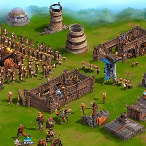 Image similar to a group of giant minions standing near a Town Center in the game Age of Empires