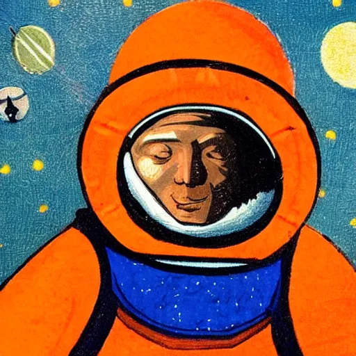 Image similar to a medieval style painting of an astronaut in space wearing an orange space suit