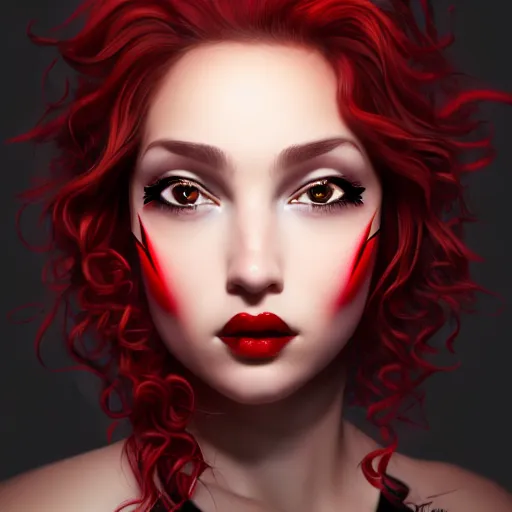 Image similar to a realistic illustration portrait of a beautiful cute girl with curly black and red hair, a pointy nose and, round chin black eyeliner, trending on artstation, hyper - realistic lighting, intricate