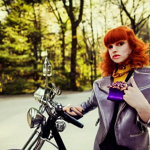 Image similar to a high - fashion photo of a slender beautiful woman with straight ginger hair and bangs, wearing purple leathers and gold helmet, posing with large ginger tabby and raccoon on a motorcycle in front yard, holding toasted brioche bun, dramatic lighting, 8 5 mm lens