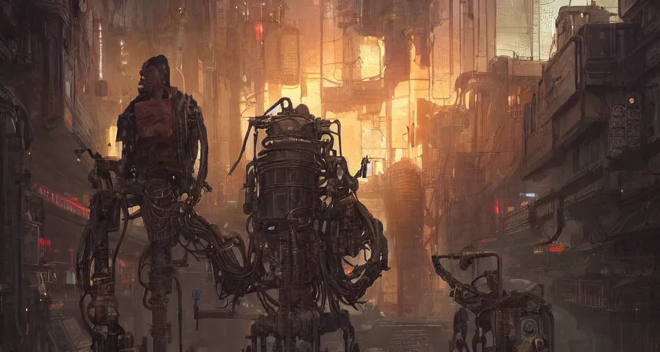 Image similar to a highly detailed epic cinematic concept art CG render digital painting artwork scene: retrofuturistic 1920s cyberpunk steampunk human fused with a combustion engine fuming backpack. By Greg Rutkowski, Ilya Kuvshinov, WLOP, Stanley Artgerm Lau, Ruan Jia and Fenghua Zhong, trending on ArtStation, made in Maya, Blender and Photoshop, octane render, excellent composition, cinematic dystopian brutalist atmosphere, dynamic dramatic cinematic lighting, aesthetic, very inspirational, arthouse