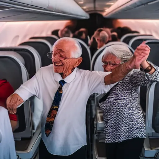 Prompt: old people dancing, inside airplane, 4k