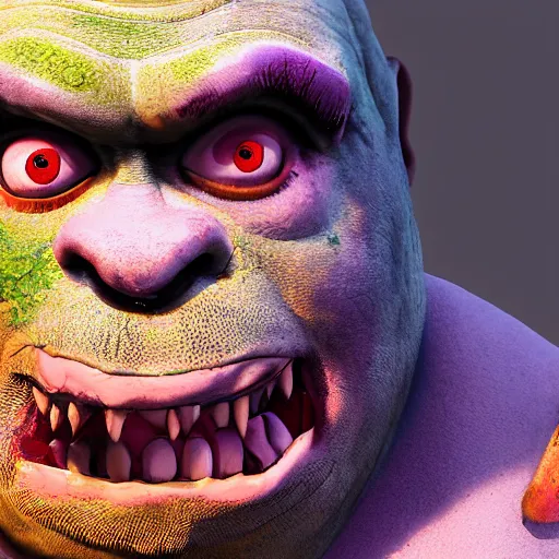 Image similar to unsettling creepy cursed zombie Shrek, high quality 4k cgsociety unreal engine render, injured infected Shrek zombie DreamWorks ® UnrealEngine (2032)