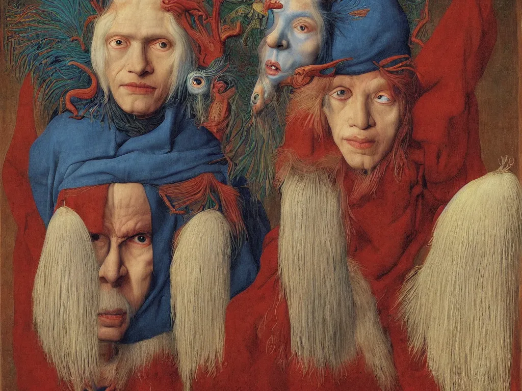 Prompt: Portrait of albino mystic with blue eyes, with beautiful exotic Siberian archaic, primitive, shamanic mask. Painting by Jan van Eyck, Audubon, Rene Magritte, Agnes Pelton, Max Ernst, Walton Ford