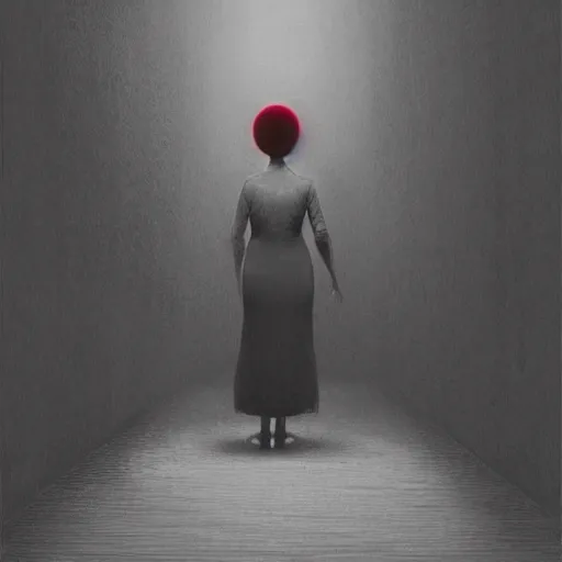 Image similar to A creepy woman standing at the end of a dark red, long, fibrous hallway with hardly any light illuminating the room illustrated by Zdzisław Beksiński, dark photography, dark art style, trending on artstation, artstationHQ, artstationHD, 4k, 8k