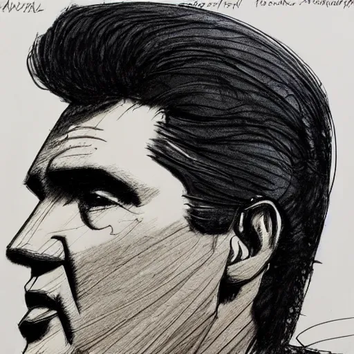 Image similar to a realistic yet scraggly portrait sketch of the side profile of a stern and sophisticated elvis presley, trending on artstation, intricate details, in the style of frank auerbach, in the style of sergio aragones, in the style of martin ansin, in the style of david aja, in the style of mattias adolfsson