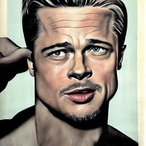 Prompt: Brad Pitt portrait, vintage magazine illustration 1950