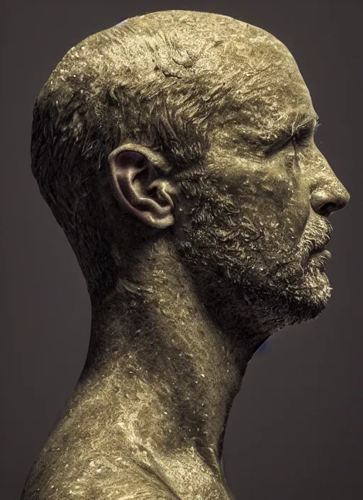 Prompt: a man's face in profile, made of epoxy resin, in the style of the Dutch masters and Gregory Crewdson, dark and moody