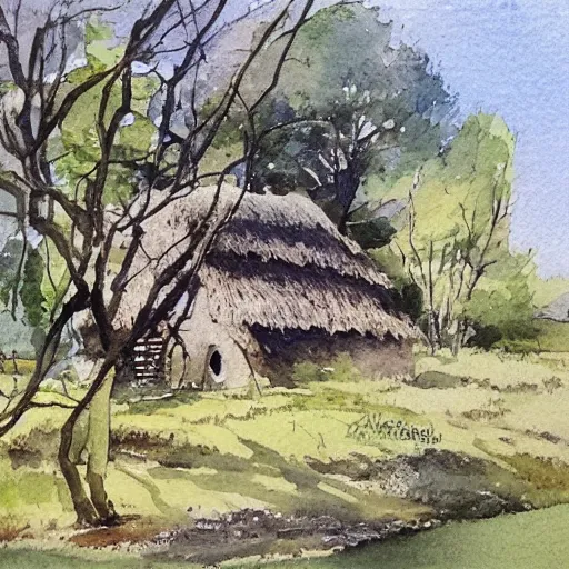 Prompt: a peaceful scene with old thatched cottage nestling amongst the trees, watercolor