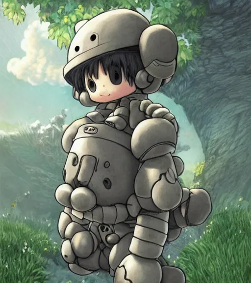 Image similar to beautiful little boy wearing an cyborg bear suit, artwork in kentaro miura and made in abyss, inspired in super bomberman, smooth, beautiful lightness, anatomically correct, trending on pixiv, forest