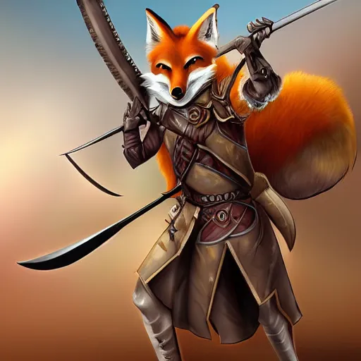 Image similar to fantasy anthropromorphic fox ranger with only one arm wielding a gladius, digital art