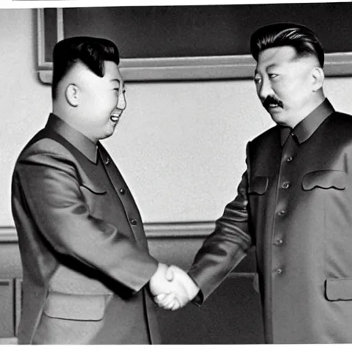 Image similar to photograph of kim jong - un, and joseph stalin, shaking hands with each other in pyongyang, 8 k, very detailed, very intricate, colored,