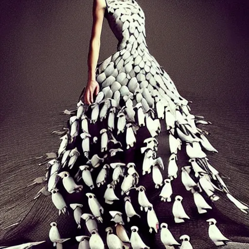 Prompt: “a beautiful woman in a fashionable dress made of pigeons, high fashion, photorealistic, fashion photography”