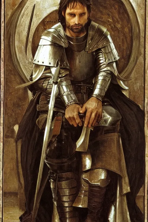 Image similar to aragorn with medieval armour, sit on throne, bouguereau